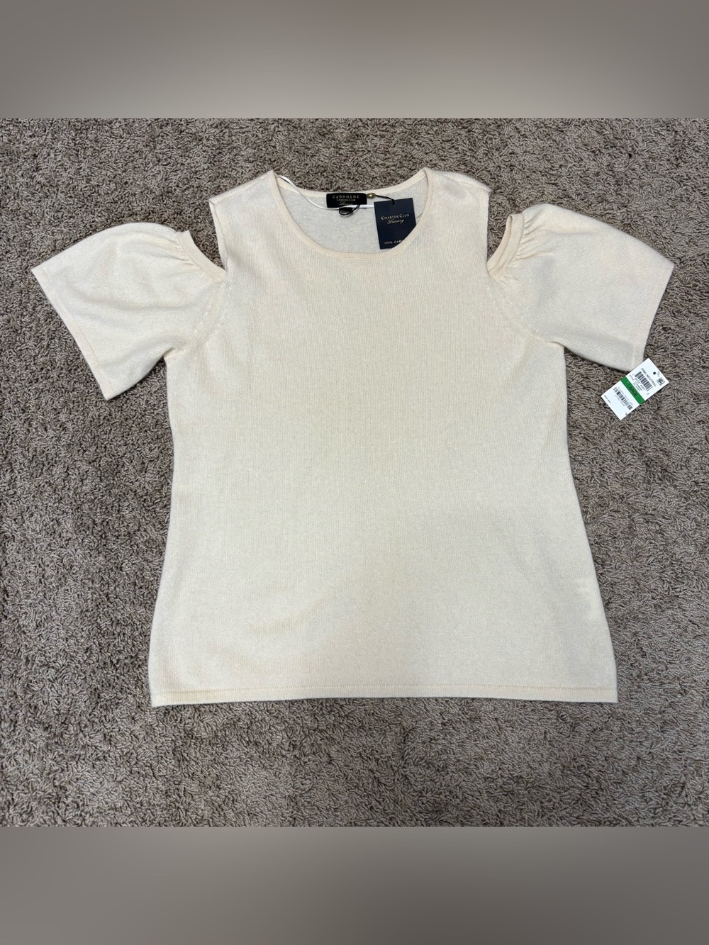 Charter Club NWT cashmere Cold-Shoulder puff Sleeve Top women L trendy feminine